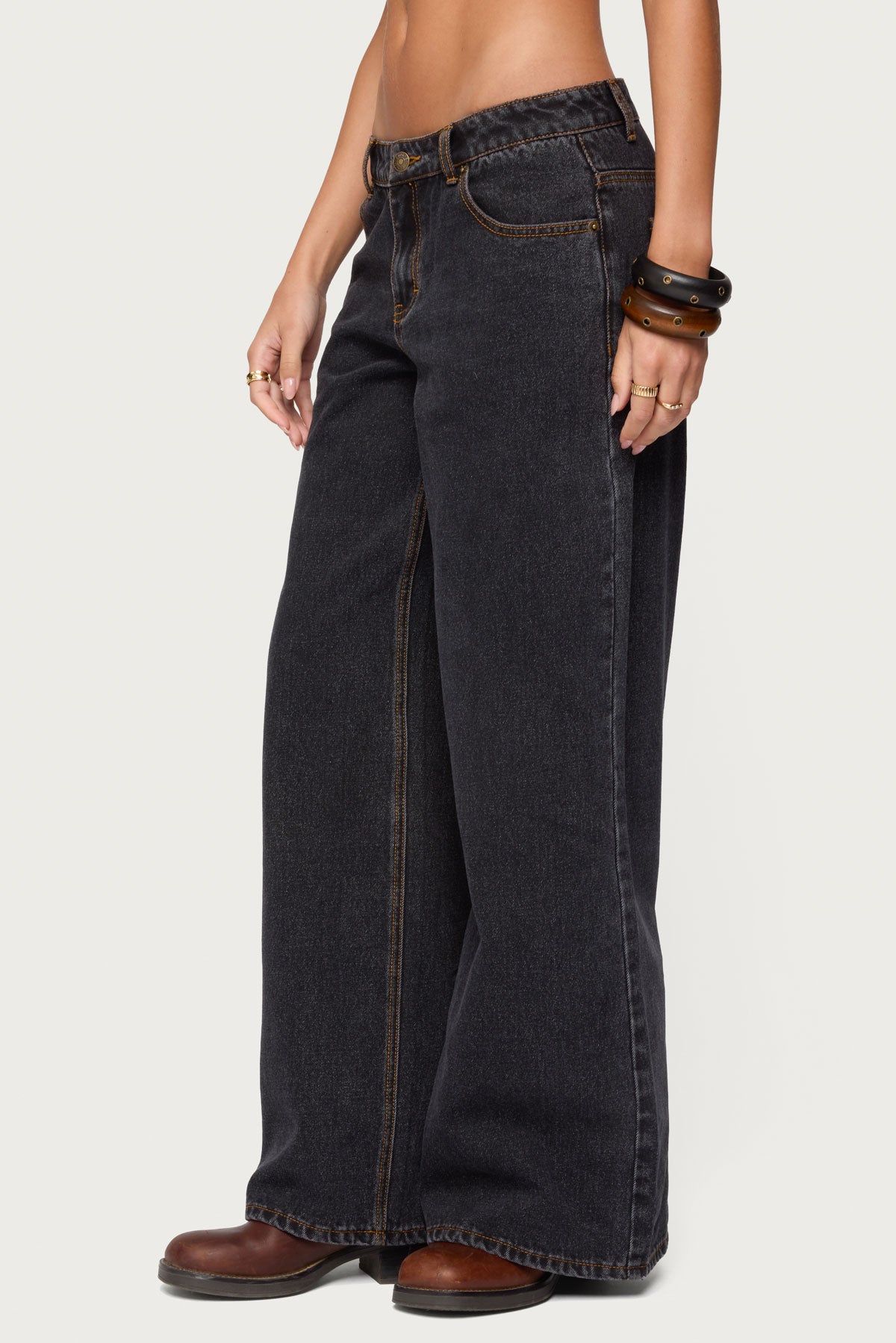Contrast Stitch Low Rise Wide Leg Jeans