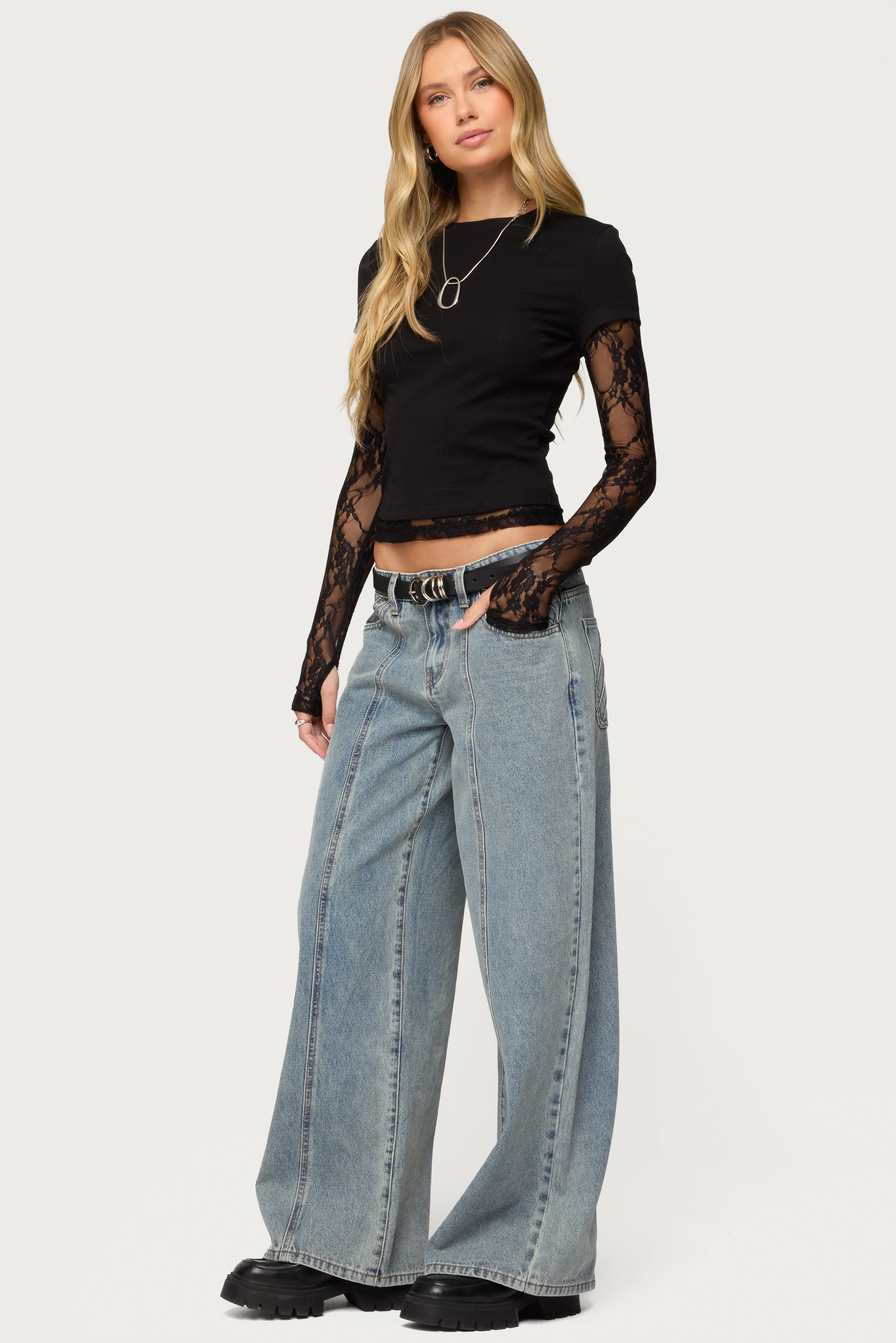 Layered Lace Sleeve T Shirt