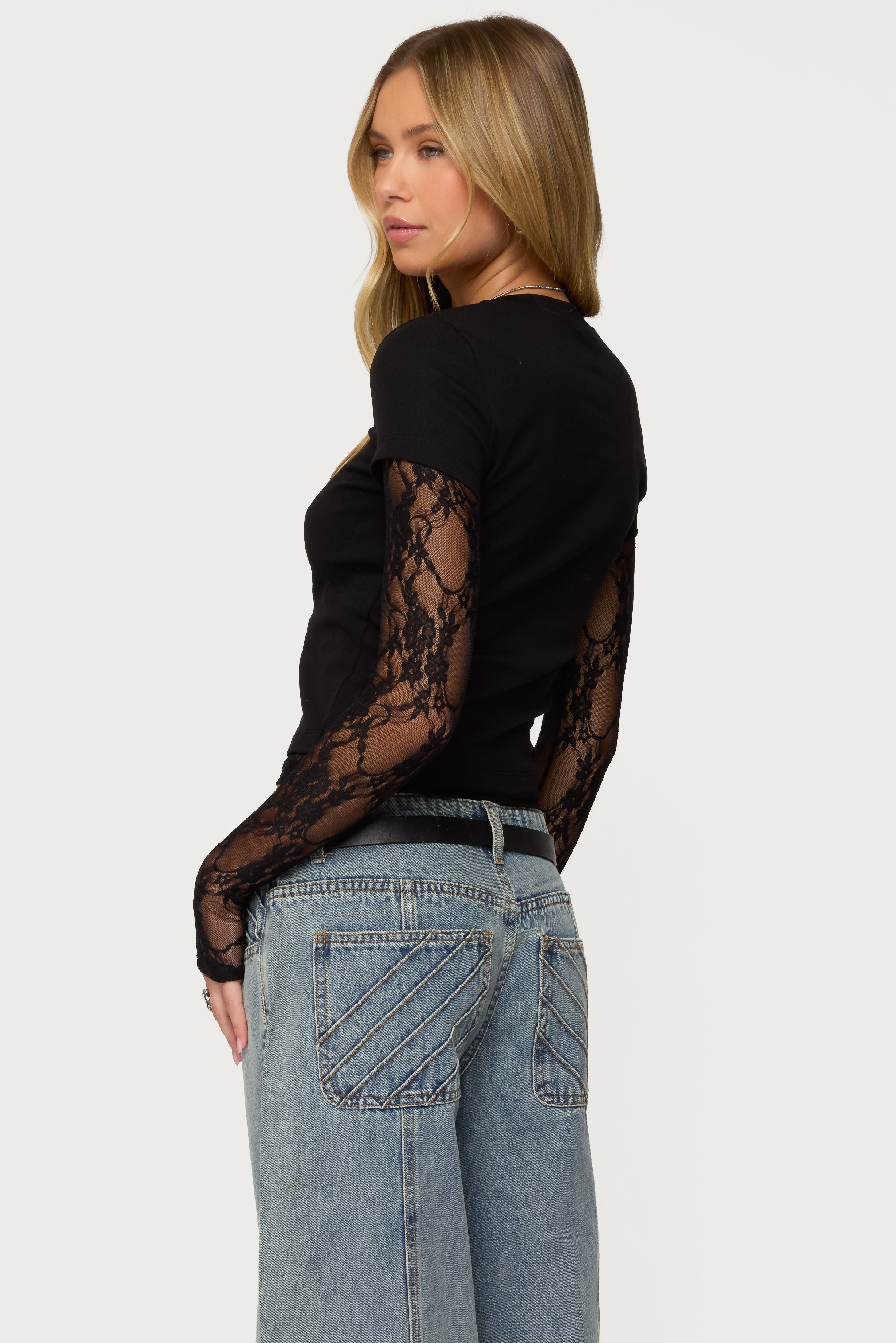 Layered Lace Sleeve T Shirt