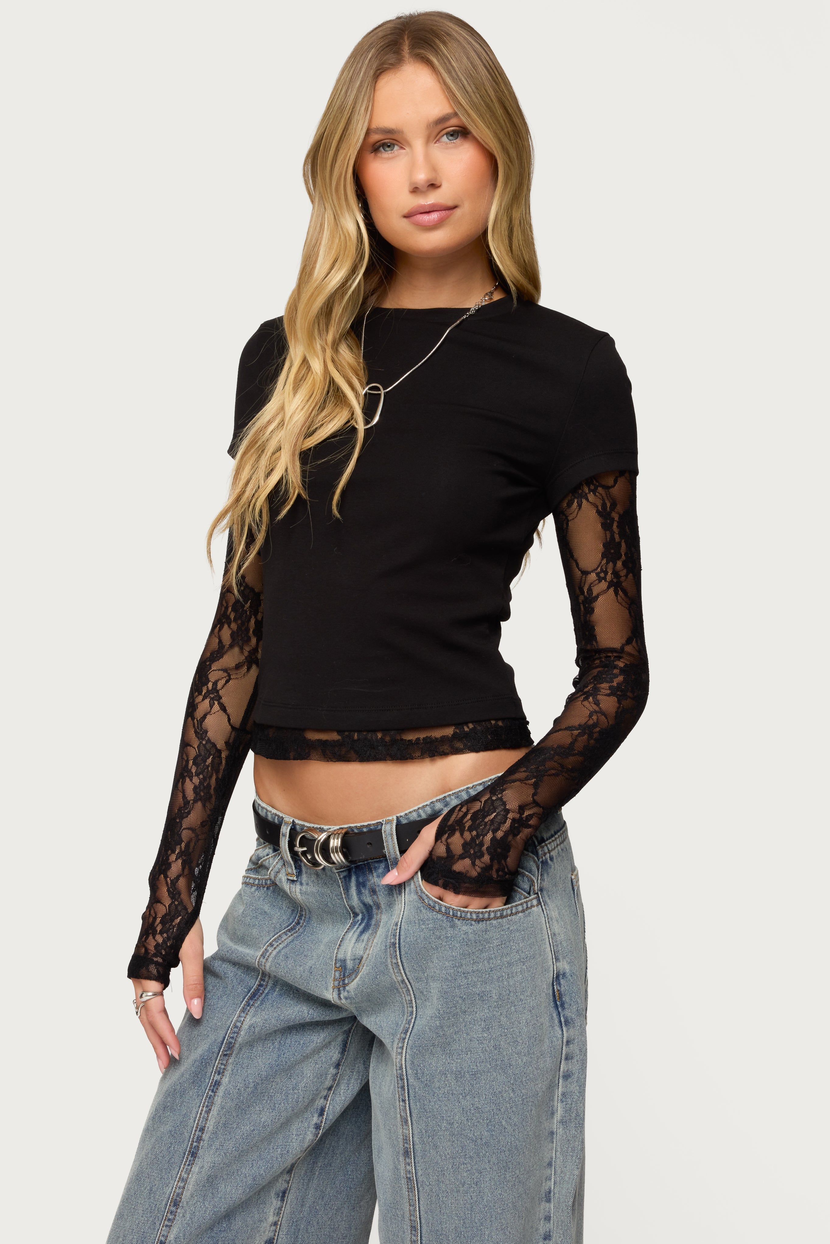 Layered Lace Sleeve T Shirt