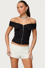 Collared Off Shoulder Zip Up Top