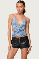 Crossover Backless Printed Mesh Top