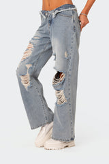 Distressed Fold Over Boyfriend Jeans