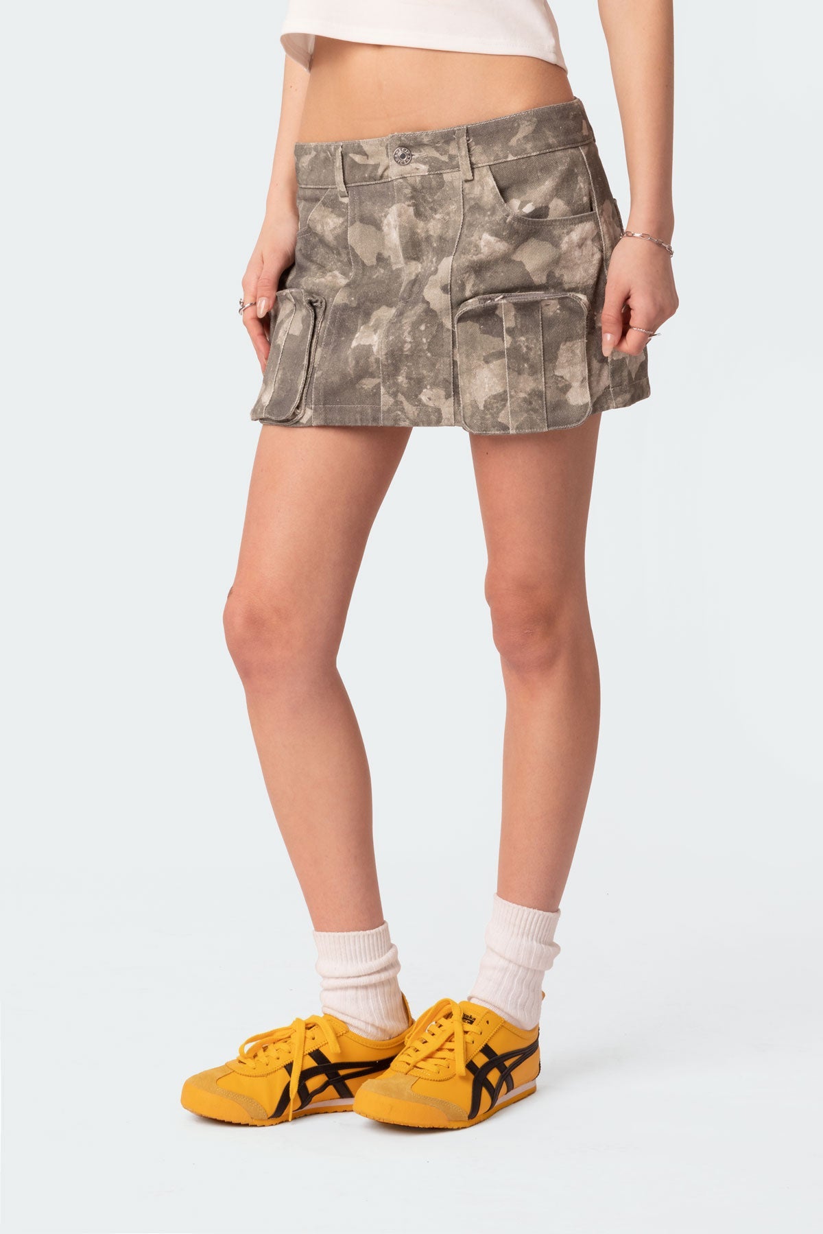 Camo Low Rise Denim Cargo Mini Skirt