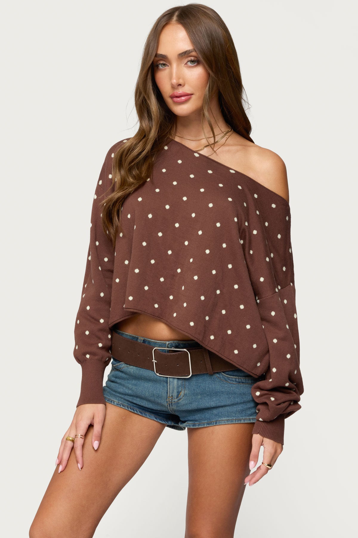 Oversized Off Shoulder Polka Dot Sweater