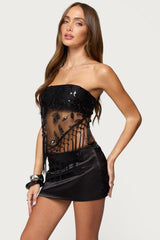 Sequin Sheer Fringed Strapless Top
